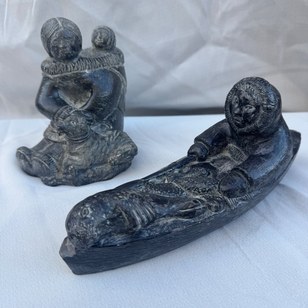 Vintage Wolf Original Sculpture Set Black Soapstone Style Inuit Mother Kayak